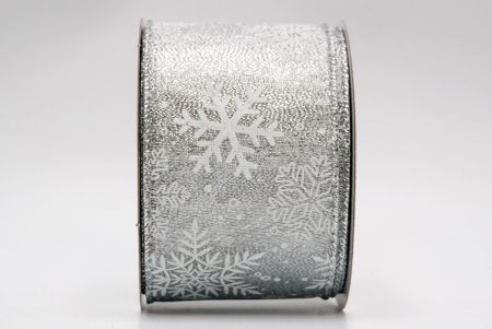 Срібна - біла стрічка з проволокою та сніжинками_KF7654G-1