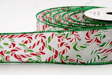 Белая и зеленая, красная рождественская лента с дизайном конфетных тросточек_KF7663GC-1-49
