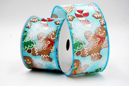 Sky Blue Faux Burlap Gingerbread, Candy Cane and Pine Tree Wired Ribbon_KF7675GC-12-213