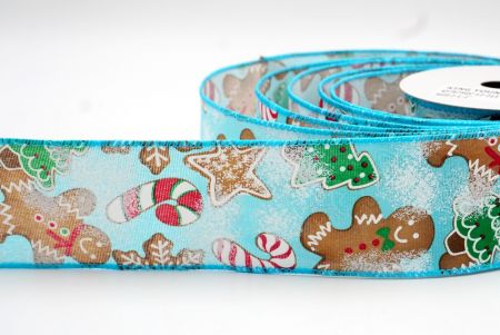 Sky Blue Faux Burlap Gingerbread, Candy Cane and Pine Tree Wired Ribbon_KF7675GC-12-213