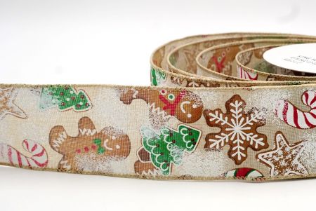 Khaki Faux Burlap Gingerbread, Candy Cane and Pine Tree Wired Ribbon_KF7675GC-13-183