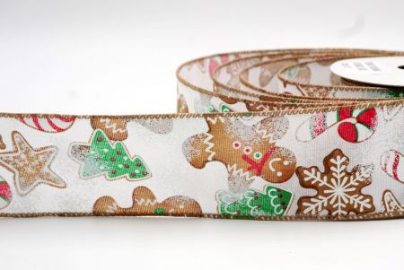 White and Brown Edge Gingerbread, Candy Cane and Pine Tree Wired Ribbon_KF7676GC-1-182