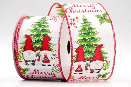 Fita com fio de gnomo do Papai Noel e Feliz Natal em cetim de tecido liso branco_KF7681GC-1-7