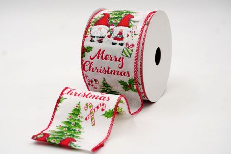 Fita com fio de gnomo do Papai Noel e Feliz Natal em cetim de tecido liso branco_KF7681GC-1-7