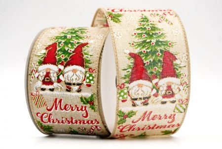 Crème - Kerstman Gnoom en Vrolijk Kerstfeest Bedraad Lint_KF7682GC-13-183