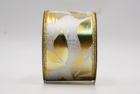 Біла та золота металева фольга з дизайном листя, дротова стрічка_KF7709G-1G