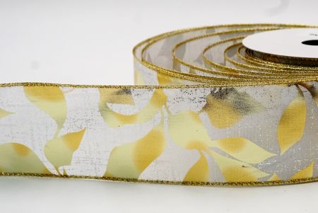 White& Gold Metallic Foil Leaves DesignWired Ribbon_KF7709G-1G
