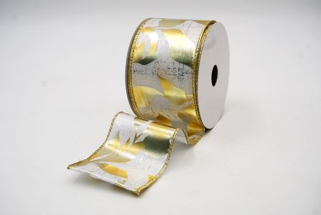 White& Gold Metallic Foil Leaves DesignWired Ribbon_KF7709G-1G