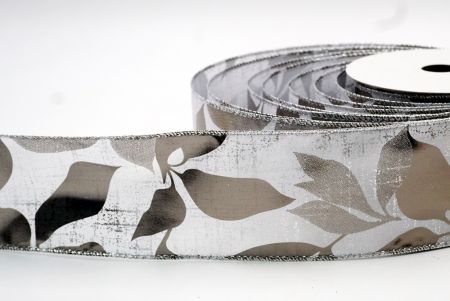 Gray Metallic Foil Leaves DesignWired Ribbon_KF7709G-1