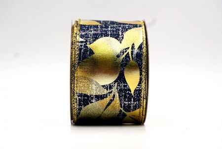 Navy Blue & Gold Metallic Foil Leaves DesignWired Ribbon_KF7709G-4