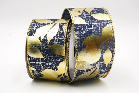 Navy Blue & Gold Metallic Foil Leaves DesignWired Ribbon_KF7709G-4