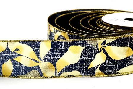Темно-синя та золота металева фольга з дизайном листя, дротова стрічка_KF7709G-4