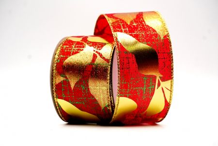 Red & Gold Metallic Foil Leaves DesignWired Ribbon_KF7709G-7H