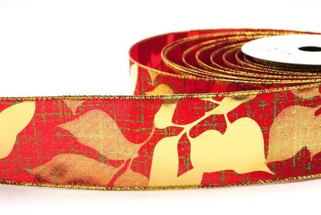 Fita de Cetim Vermelha e Dourada com Folhas Metálicas em Design_KF7709G-7H