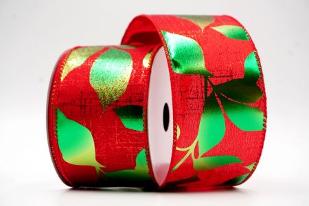Red & Green Metallic Foil Leaves DesignWired Ribbon_KF7709GC-7R-7
