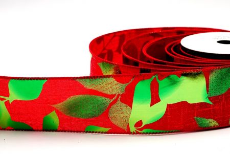 Червоний та зелений металічний фольгований дизайн з листям, дротяна стрічка_KF7709GC-7R-7