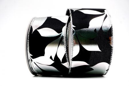 Black/ Silver  Metallic Foil Leaves DesignWired Ribbon_KF7710G-53