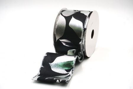 Black/ Silver  Metallic Foil Leaves DesignWired Ribbon_KF7710G-53