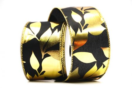 Black/ Gold  Metallic Foil Leaves DesignWired Ribbon_KF7710G-54