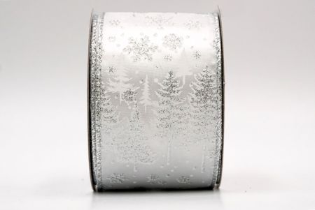 White Satin - Pine Trees and Snowflakes Wired Ribbon_KF7714G-1