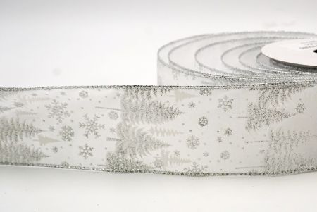 Satin blanc - motifs de sapins et de flocons de neige avec fil métallique_KF7714G-1