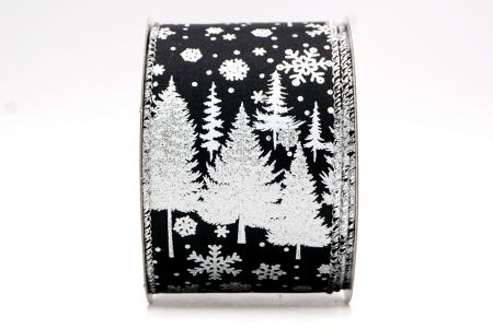 Satin noir - motifs de sapins et de flocons de neige avec fil métallique_KF7714G-53