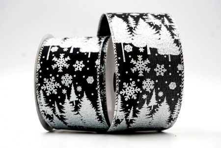Satin noir - motifs de sapins et de flocons de neige avec fil métallique_KF7714G-53