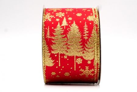 Red Satin - Pine Trees and Snowflakes Wired Ribbon_KF7714G-7