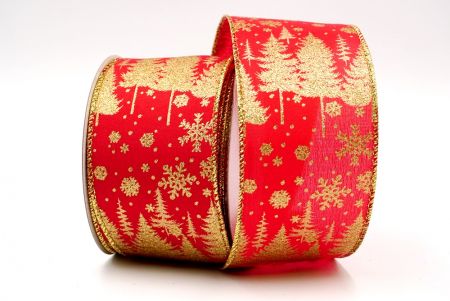 Red Satin - Pine Trees and Snowflakes Wired Ribbon_KF7714G-7