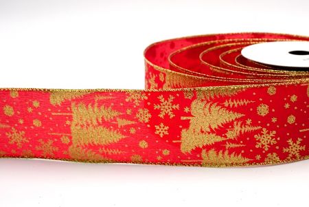 Satin rouge - motifs de sapins et de flocons de neige avec fil métallique_KF7714G-7