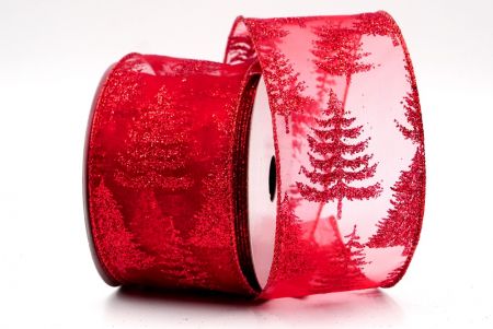Red - Glittered Pine Trees Wired Ribbon_KF7718GR-7R