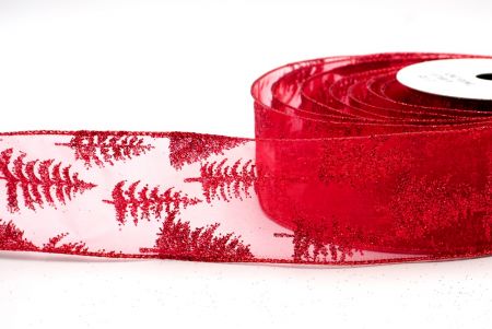 Red - Glittered Pine Trees Wired Ribbon_KF7718GR-7R