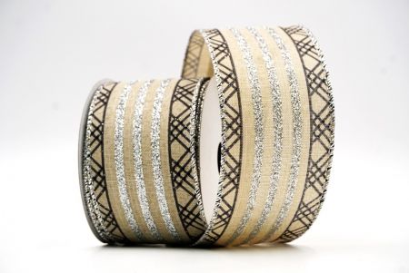 LightBrown/silver Glitter Stripes and Overlapping Triangle Wired Ribbon_KF7722G-13