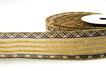 LightBrown/Gold Glitter Stripes and Overlapping Triangle Wired Ribbon_KF7722G-14