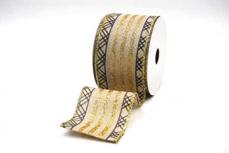 LightBrown/Gold Glitter Stripes and Overlapping Triangle Wired Ribbon_KF7722G-14