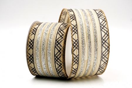 Cream/silver Glitter Stripes and Overlapping Triangle Wired Ribbon_KF7723GC-13-183