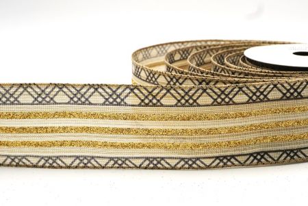 Cream/Gold Glitter Stripes and Overlapping Triangle Wired Ribbon_KF7723GC-14-183
