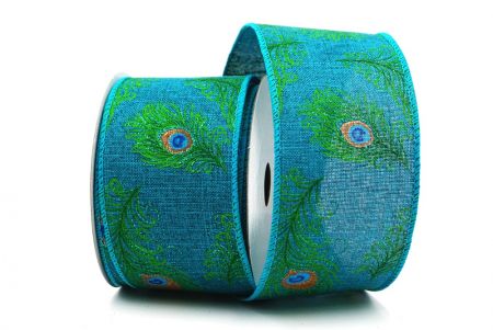 Blue Green Peacock Feather DesignWired Ribbon_KF7728GC-55-55
