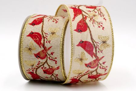 Natural - Cardinal Bird and Butterfly Wired Ribbon_KF7742G-13