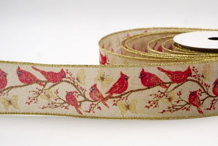 Natural - Cardinal Bird and Butterfly Wired Ribbon_KF7742G-13