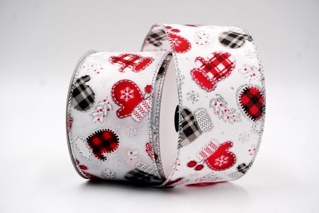 Biała, czerwona i czarna wstążka druciana z wzorem rękawiczek bożonarodzeniowych_KF7747G-1