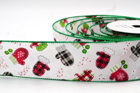 Biała, czerwona, czarna i zielona wstążka druciana z wzorem rękawiczek bożonarodzeniowych_KF7748GC-1-49