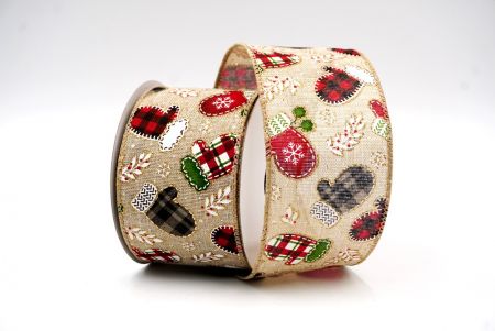 Jasnobrązowa, czerwona i czarna wstążka druciana z wzorem rękawiczek bożonarodzeniowych_KF7749GC-13-183