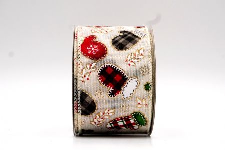 Nastro con design di guanti di Natale crema, rosso, nero e crema con filo_KF7749GC-2-2