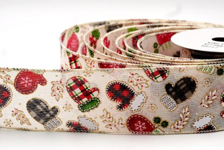 Kremowa, czerwona, czarna i kremowa wstążka druciana z wzorem rękawiczek bożonarodzeniowych_KF7749GC-2-2