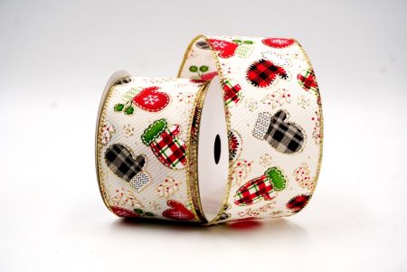 Biała, czerwona, czarna i złota wstążka druciana z wzorem rękawiczek bożonarodzeniowych_KF7750G-2