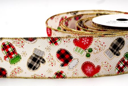 White,Red,Black & Gold Christmas Gloves Design Wired Ribbon_KF7750G-2