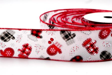 Fehér, piros, fekete és piros karácsonyi kesztyűk mintájú drótkötésű szalag_KF7750GC-1-7