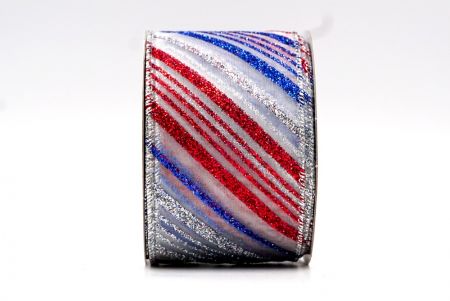Ruban filaire à rayures diagonales pailletées argentées, rouges et bleues_KF7765G-1B