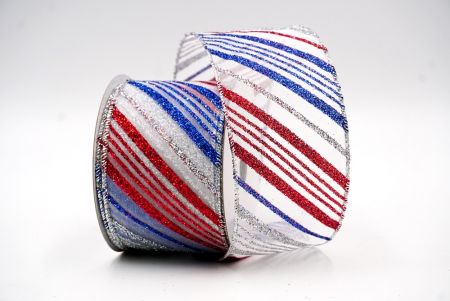 Silver,red,Blue Glittery Diagonal Stripe Wired Ribbon_KF7765G-1B